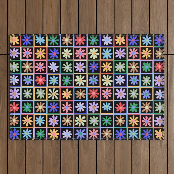 Checkered Flowers in Black  Outdoor Rug Gallery Image 1