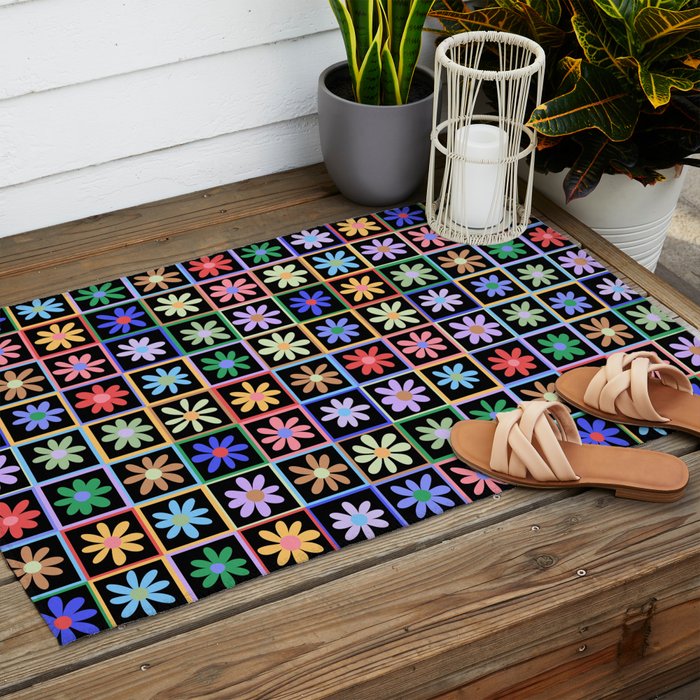 Checkered Flowers in Black  Outdoor Rug Gallery Image 2