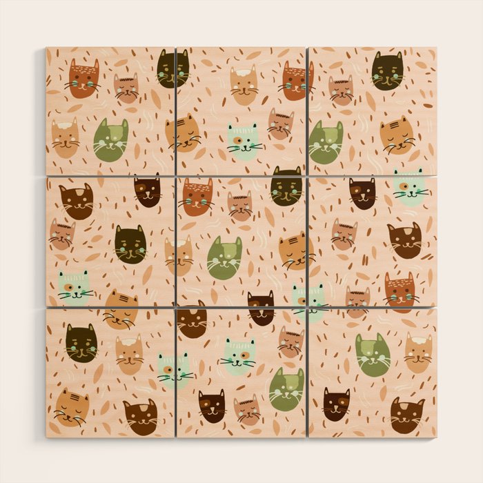 Cats pattern retro Wood Wall Art Gallery Image 1