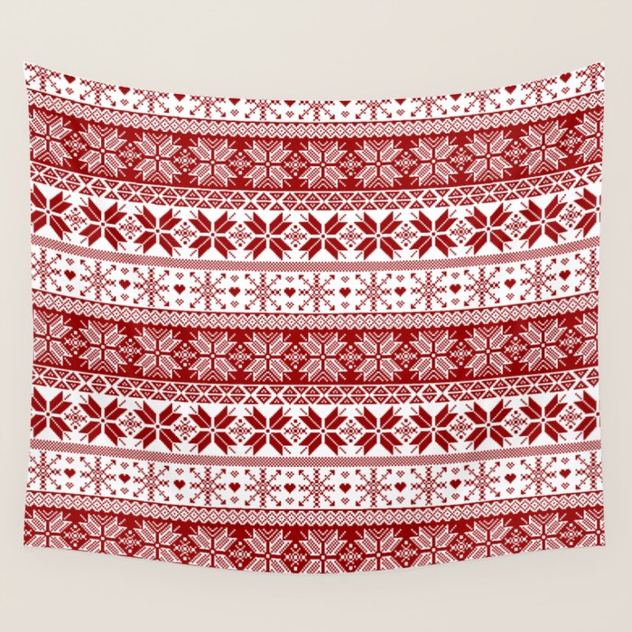 Red Winter Fair Isle Pattern Wall Tapestry Gallery Image 4