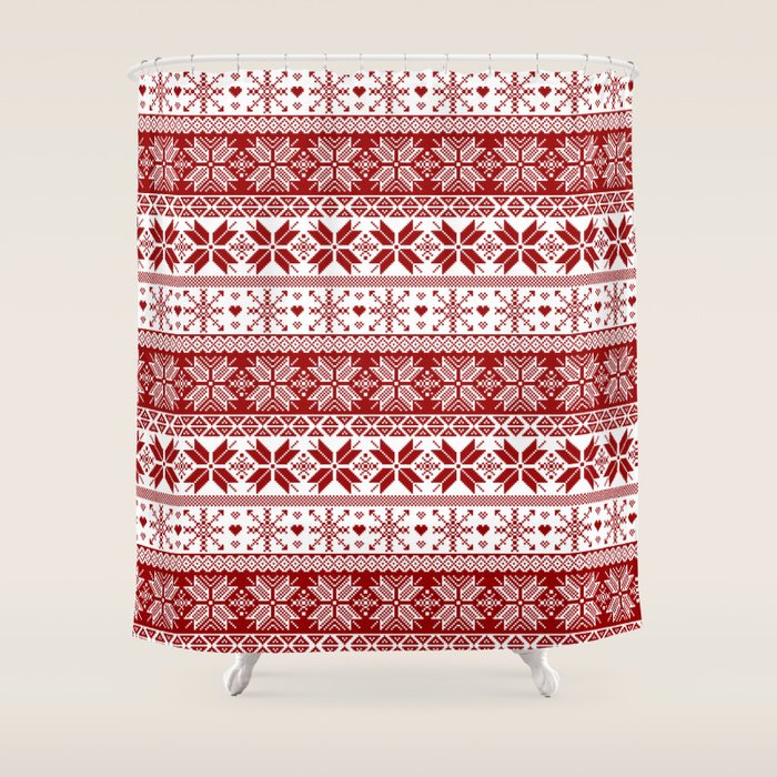 Red Winter Fair Isle Pattern Shower Curtain Gallery Image 1
