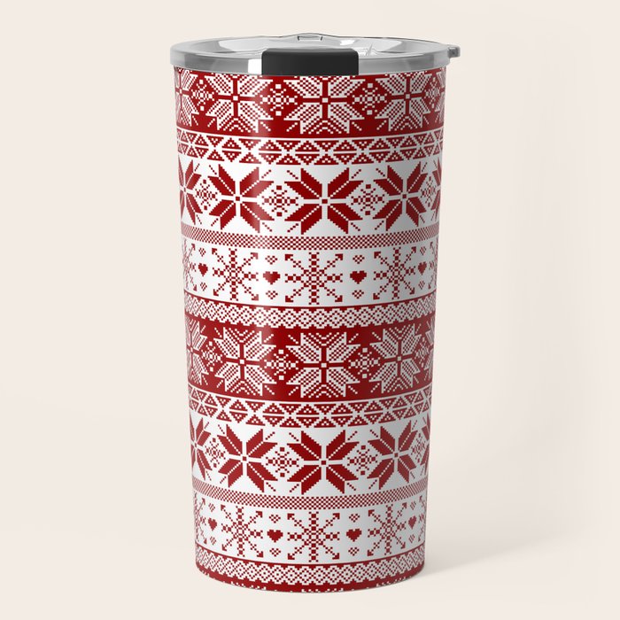 Red Winter Fair Isle Pattern Travel Mug Gallery Image 1