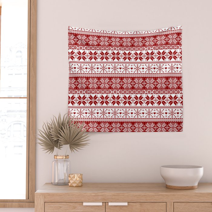 Red Winter Fair Isle Pattern Wall Tapestry Gallery Image 2
