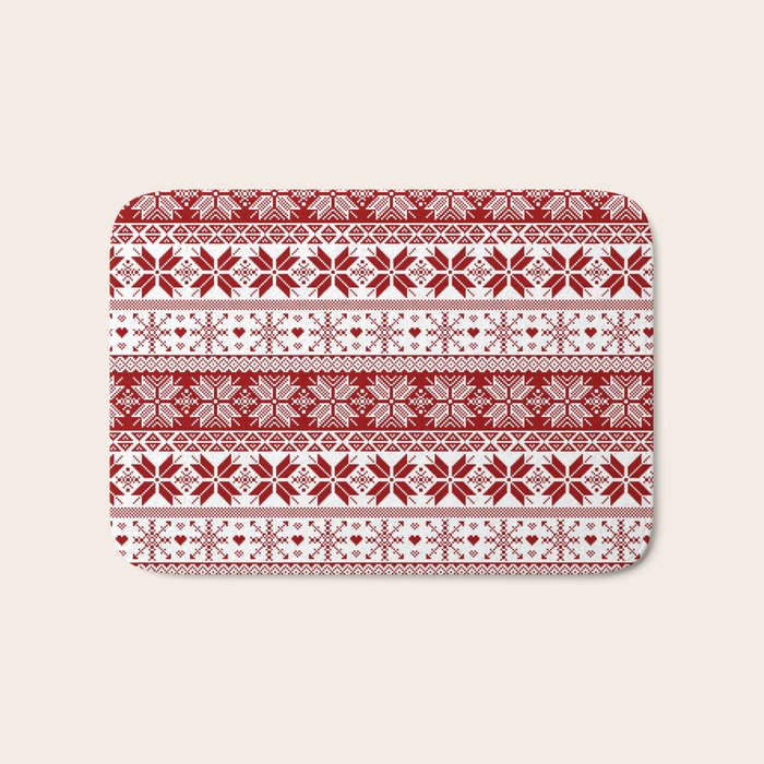 Red Winter Fair Isle Pattern Bath Mat