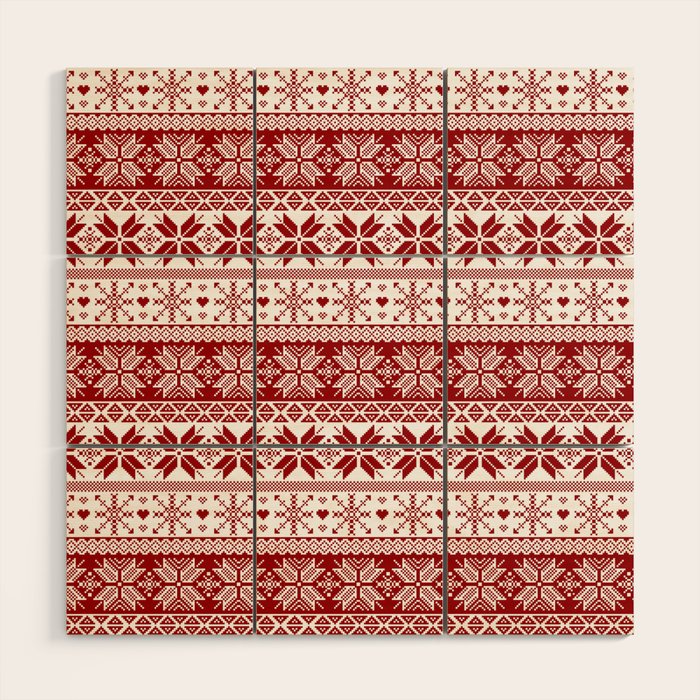 Red Winter Fair Isle Pattern Wood Wall Art Gallery Image 1