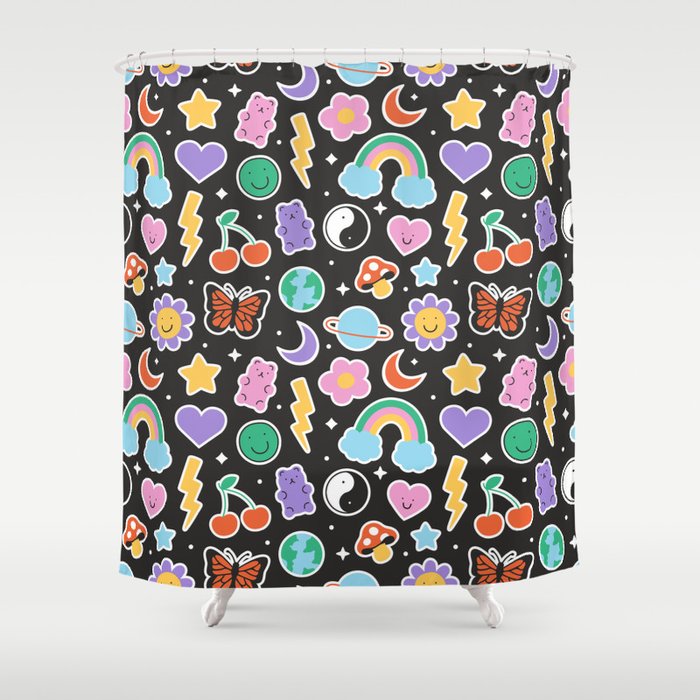 Fun retro cartoon doodle sticker pattern Shower Curtain Gallery Image 1