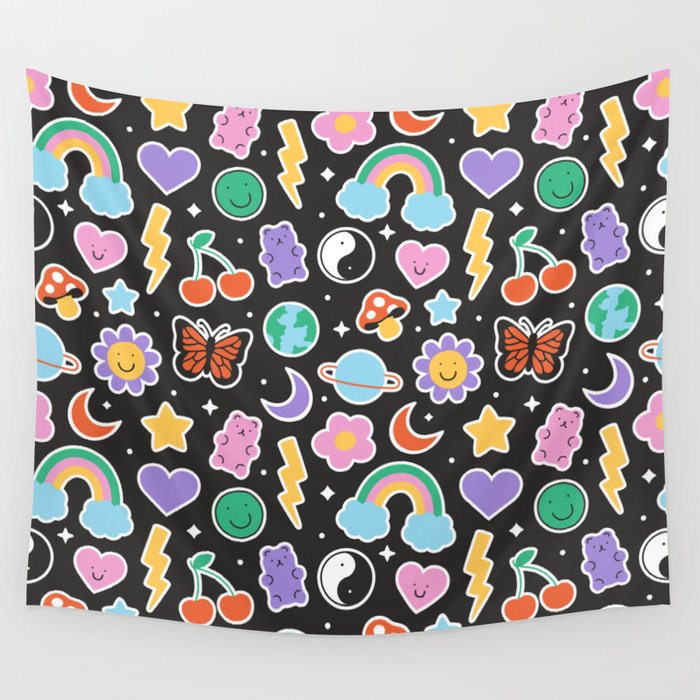 Fun retro cartoon doodle sticker pattern Wall Tapestry Gallery Image 1