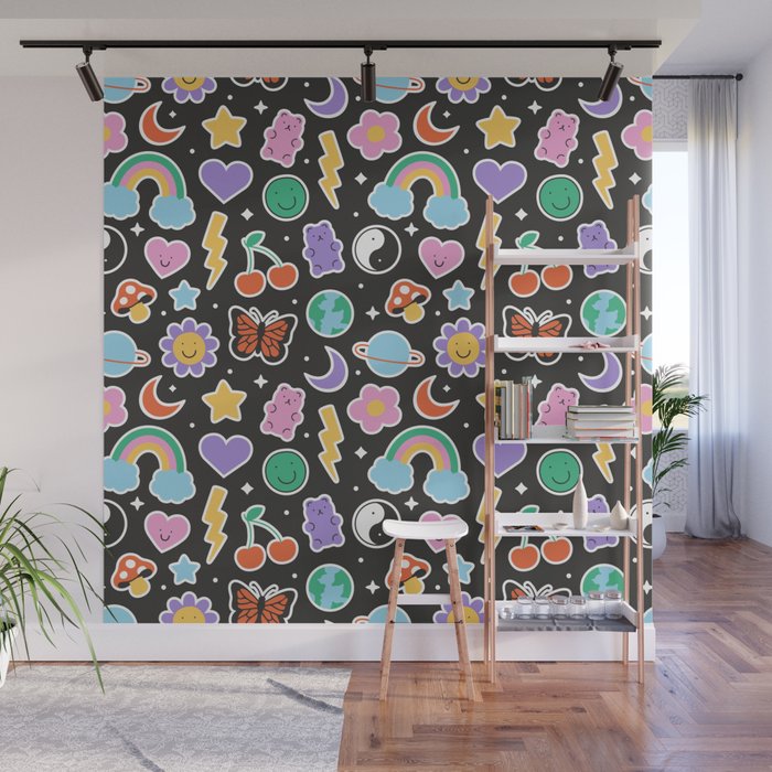 Fun retro cartoon doodle sticker pattern Wall Mural Gallery Image 1