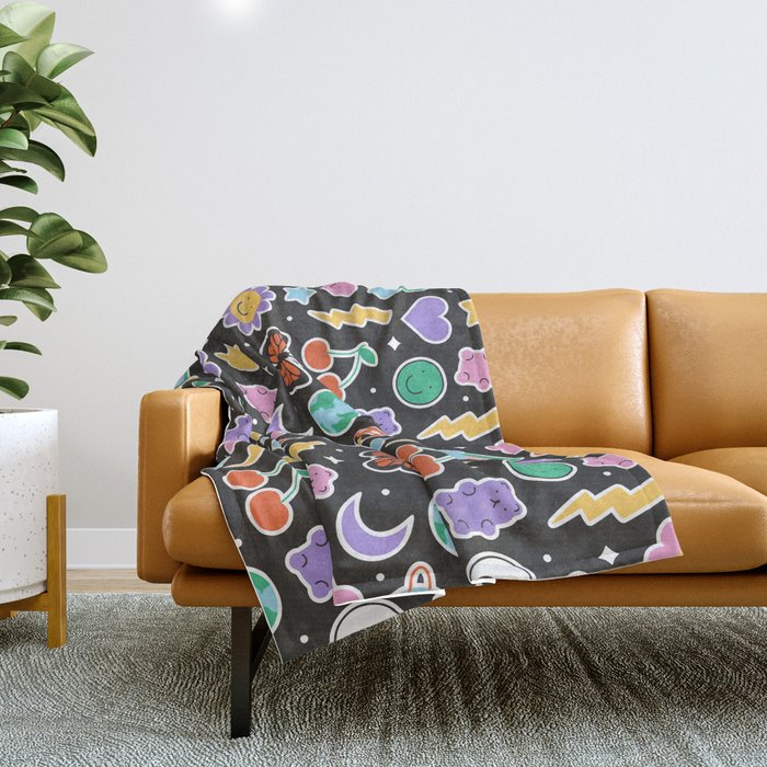 Fun retro cartoon doodle sticker pattern Throw Blanket Gallery Image 1