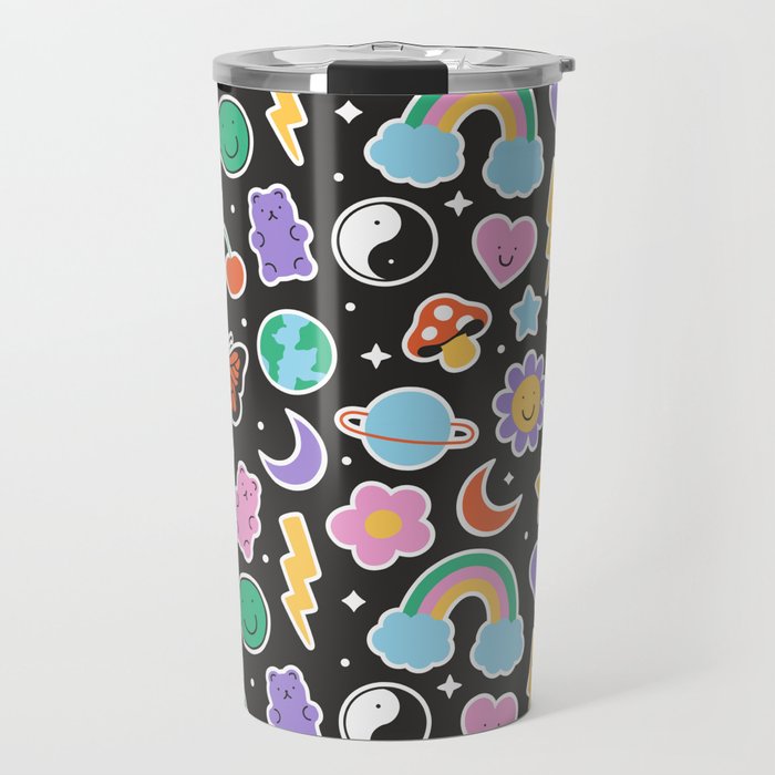 Fun retro cartoon doodle sticker pattern Travel Mug Gallery Image 1