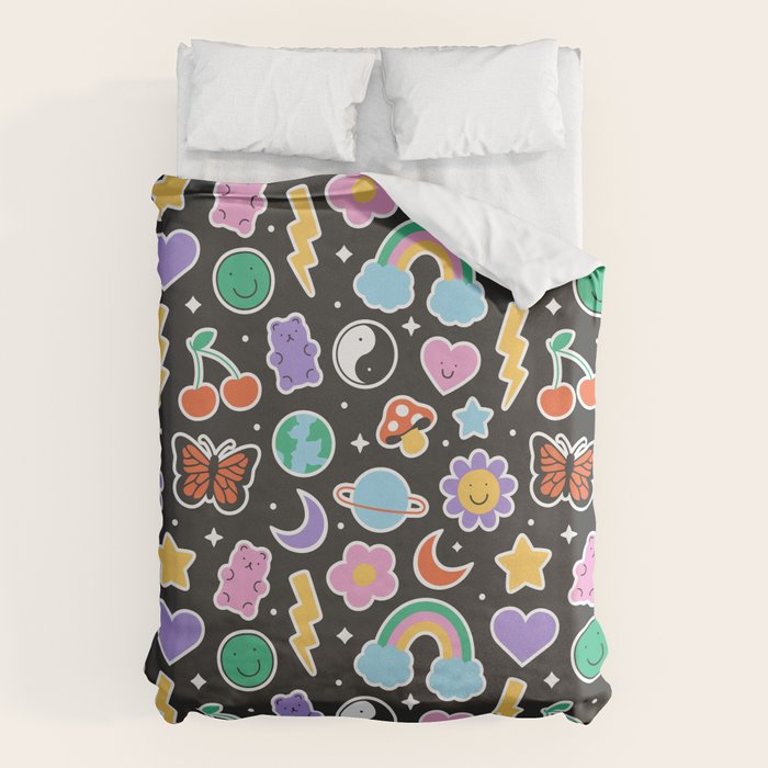 Fun retro cartoon doodle sticker pattern Duvet Cover Gallery Image 1