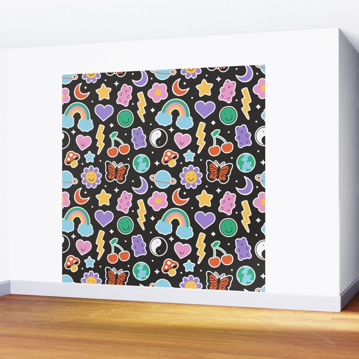 Fun retro cartoon doodle sticker pattern Wall Mural Gallery Image 2