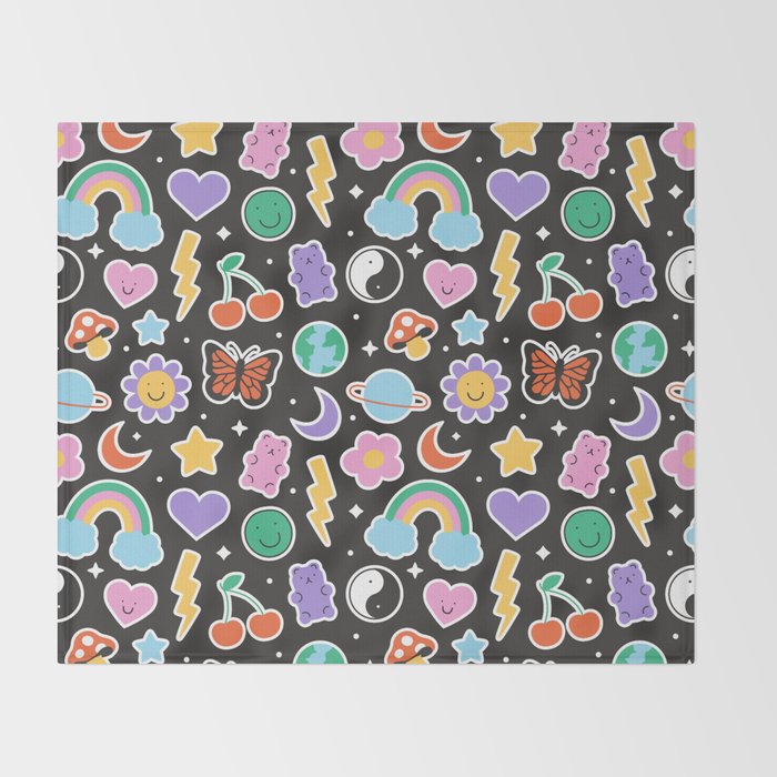 Fun retro cartoon doodle sticker pattern Throw Blanket Gallery Image 2