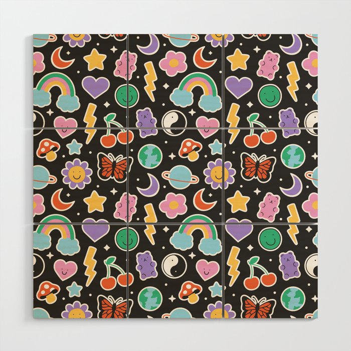 Fun retro cartoon doodle sticker pattern Wood Wall Art Gallery Image 1