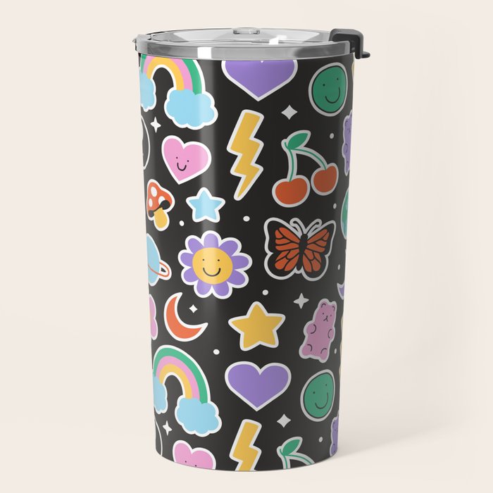 Fun retro cartoon doodle sticker pattern Travel Mug Gallery Image 2