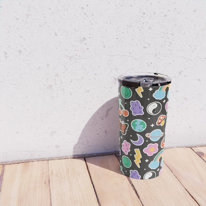Fun retro cartoon doodle sticker pattern Travel Mug Gallery Image 4