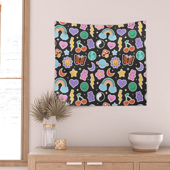 Fun retro cartoon doodle sticker pattern Wall Tapestry Gallery Image 2