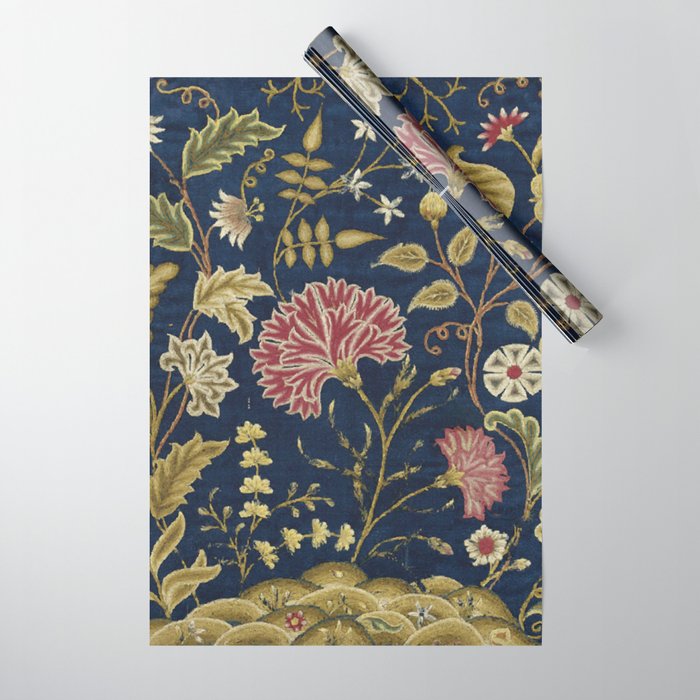 Crewel Carnations Vintage Floral Vector Pattern Wrapping Paper Gallery Image 1