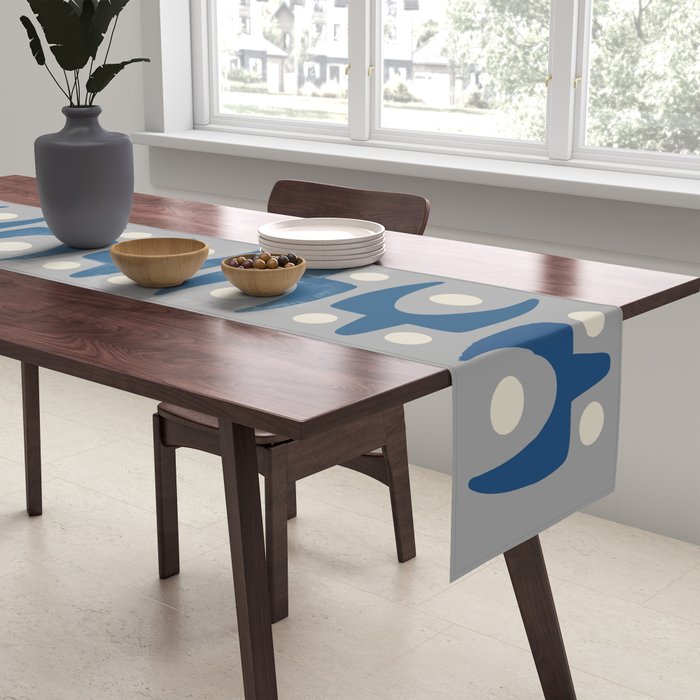 Mid Century Modern Abstract Pattern 147 Scandi Gray and Blue Table Runner Gallery Image 2