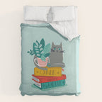 One more chapter // aqua background grey cat striped mug with plants red green and yellow books  Duvet Cover Gallery Image 6
