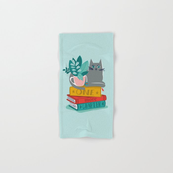 One more chapter // aqua background grey cat striped mug with plants red green and yellow books  Bath Towel Gallery Image 1