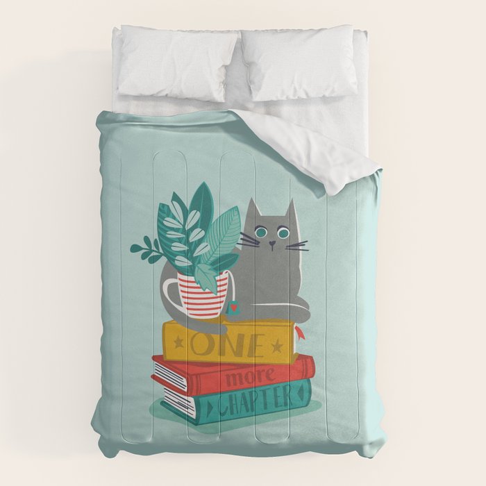 One more chapter // aqua background grey cat striped mug with plants red green and yellow books  Comforter Gallery Image 1