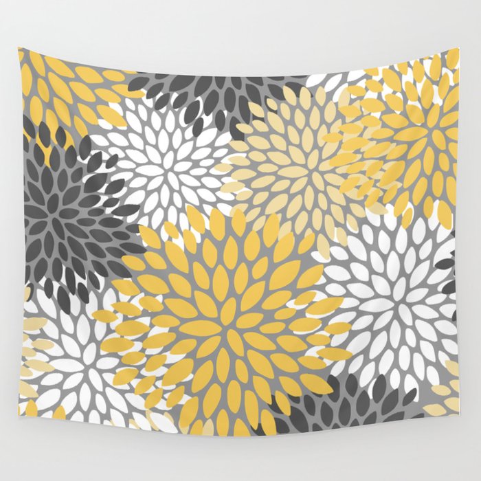 Modern Elegant Chic Floral Pattern, Soft Yellow, Gray, White Wall Tapestry Gallery Image 1