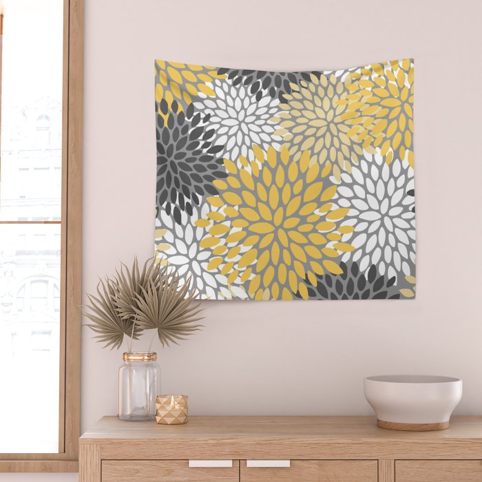 Modern Elegant Chic Floral Pattern, Soft Yellow, Gray, White Wall Tapestry Gallery Image 2