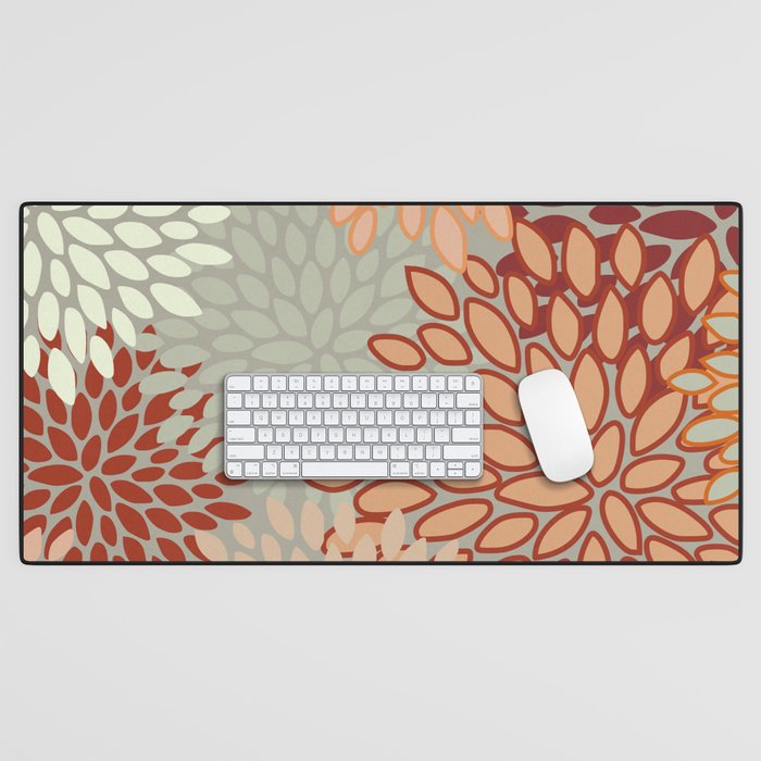 Festive, Floral Prints, Green, Terracotta, Red, Coloured Prints Desk Mat Gallery Image 1