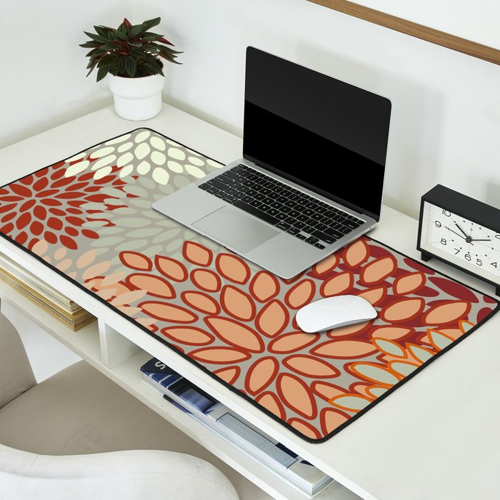 Festive, Floral Prints, Green, Terracotta, Red, Coloured Prints Desk Mat Gallery Image 2