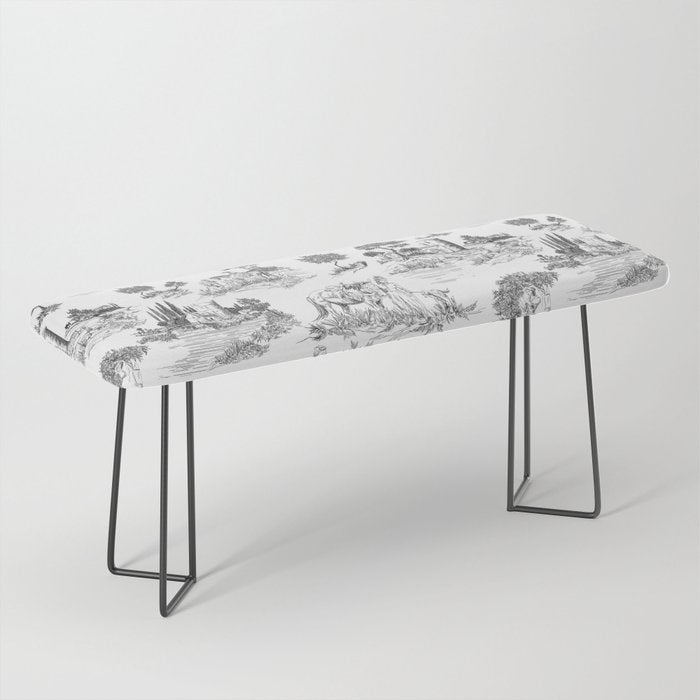 Toile de Jouy Vintage French Romantic Pastoral Black & White Bench Gallery Image 1