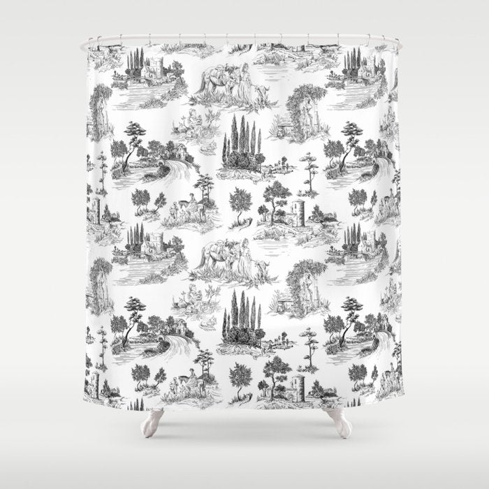 Toile de Jouy Vintage French Romantic Pastoral Black & White Shower Curtain Gallery Image 1