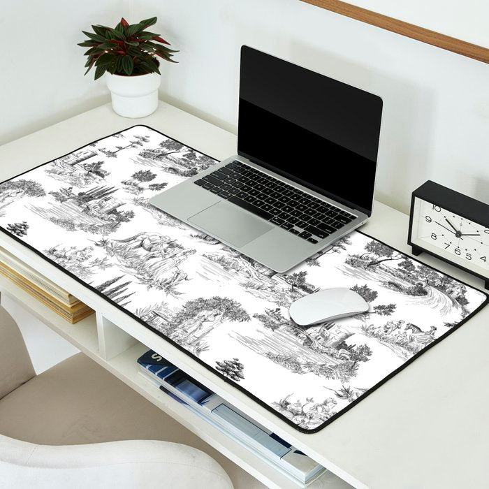 Toile de Jouy Vintage French Romantic Pastoral Black & White Desk Mat Gallery Image 2