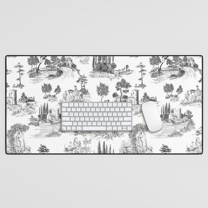 Toile de Jouy Vintage French Romantic Pastoral Black & White Desk Mat Gallery Image 1