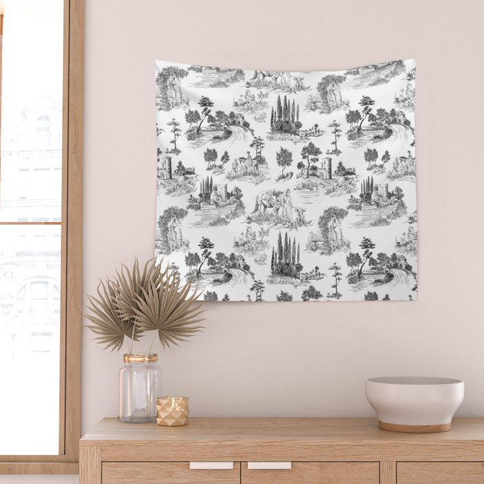 Toile de Jouy Vintage French Romantic Pastoral Black & White Wall Tapestry Gallery Image 2
