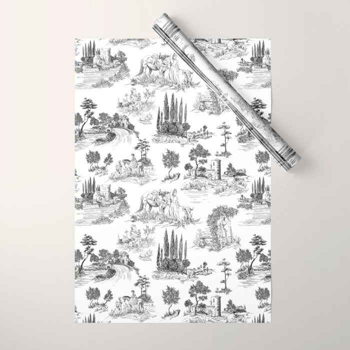 Toile de Jouy Vintage French Romantic Pastoral Black & White Wrapping Paper Gallery Image 1