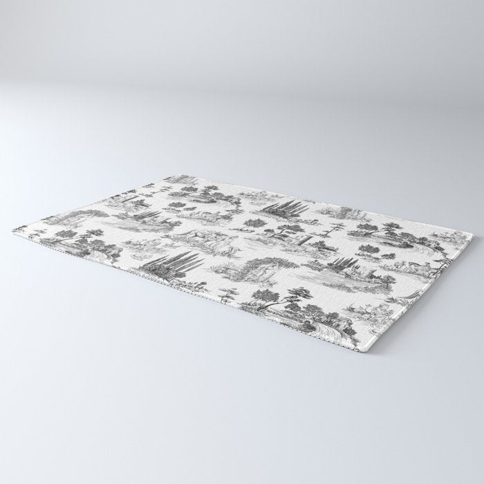 Toile de Jouy Vintage French Romantic Pastoral Black & White Rug Gallery Image 3