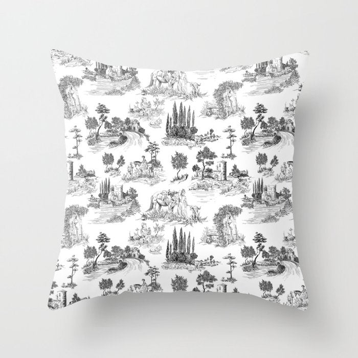 Toile de Jouy Vintage French Romantic Pastoral Black & White Throw Pillow Gallery Image 6