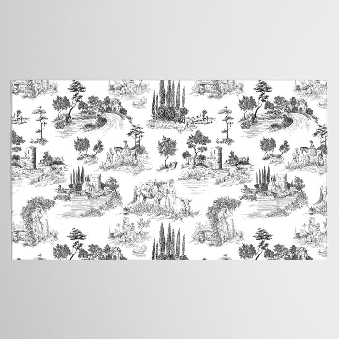 Toile de Jouy Vintage French Romantic Pastoral Black & White Tablecloth Gallery Image 2