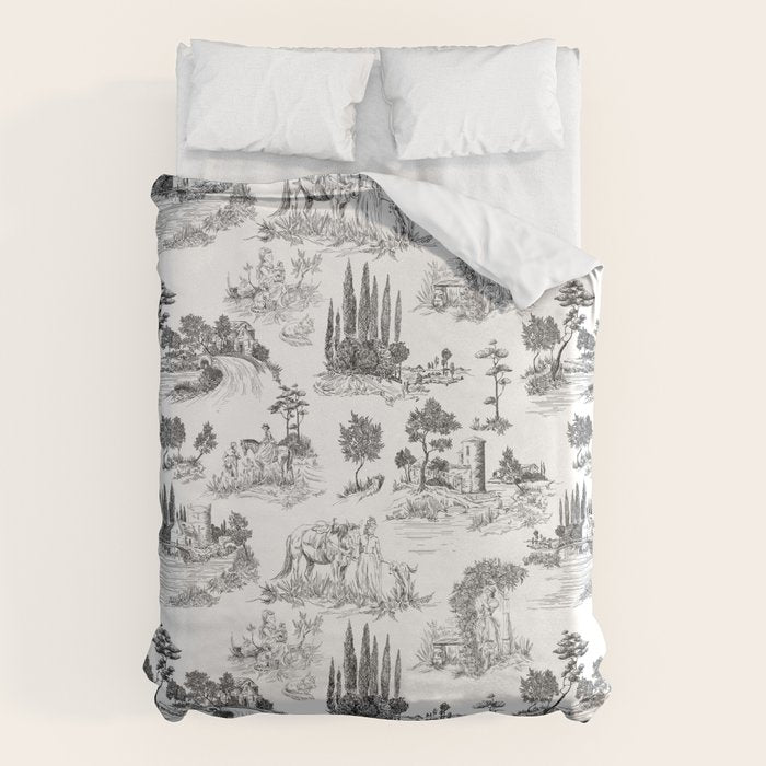 Toile de Jouy Vintage French Romantic Pastoral Black & White Duvet Cover Gallery Image 6