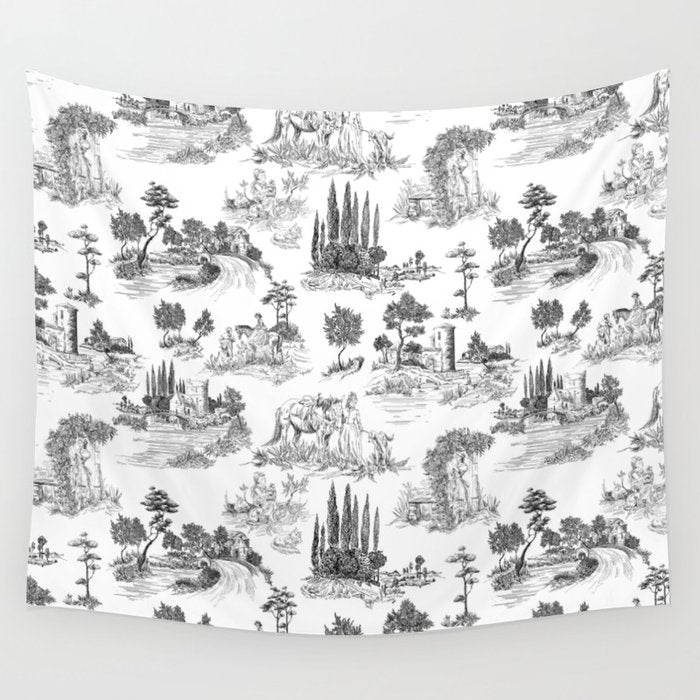 Toile de Jouy Vintage French Romantic Pastoral Black & White Wall Tapestry Gallery Image 4