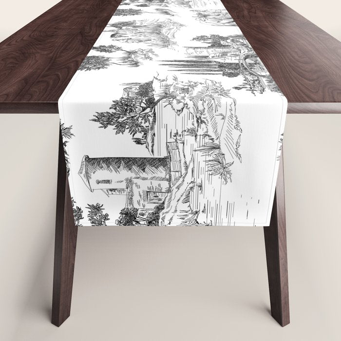 Toile de Jouy Vintage French Romantic Pastoral Black & White Table Runner Gallery Image 1