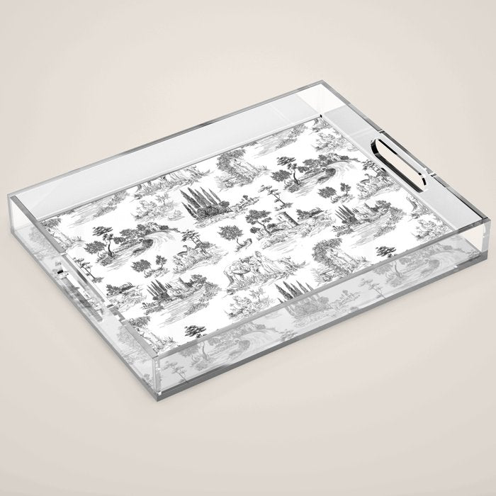 Toile de Jouy Vintage French Romantic Pastoral Black & White Acrylic Tray Gallery Image 1