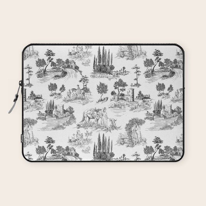 Toile de Jouy Vintage French Romantic Pastoral Black & White Laptop Sleeve Gallery Image 1