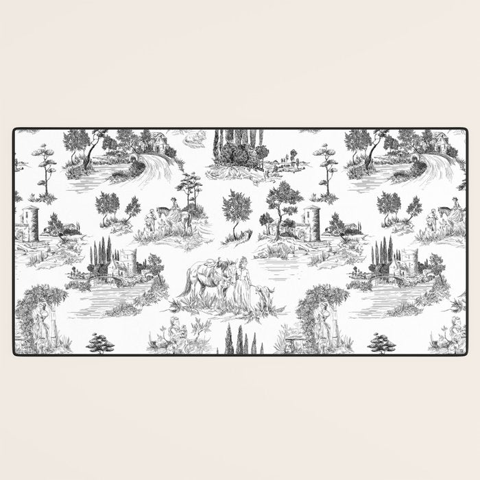 Toile de Jouy Vintage French Romantic Pastoral Black & White Desk Mat Gallery Image 3