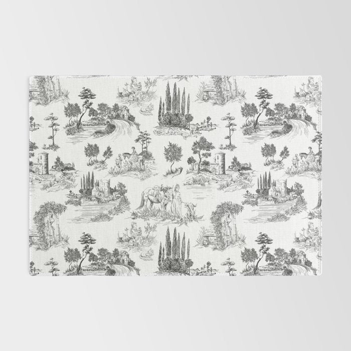 Toile de Jouy Vintage French Romantic Pastoral Black & White Rug Gallery Image 2