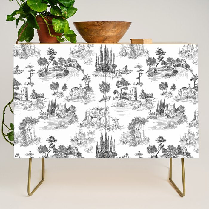 Toile de Jouy Vintage French Romantic Pastoral Black & White Credenza Gallery Image 1