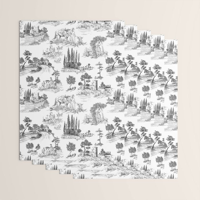 Toile de Jouy Vintage French Romantic Pastoral Black & White Wrapping Paper Gallery Image 3