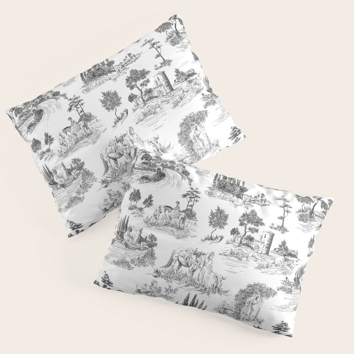 Toile de Jouy Vintage French Romantic Pastoral Black & White Pillow Sham Gallery Image 3