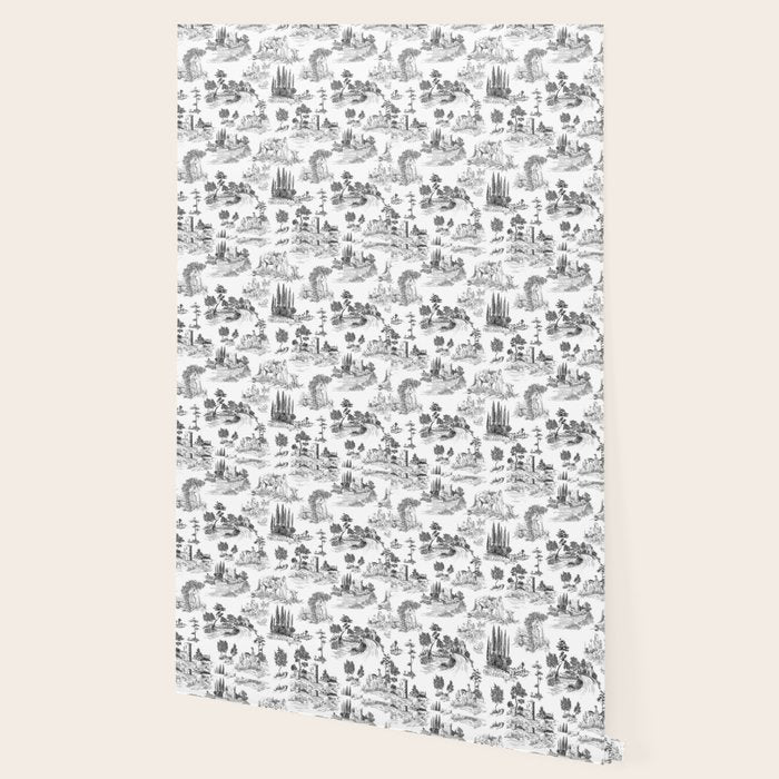 Toile de Jouy Vintage French Romantic Pastoral Black & White Wallpaper Gallery Image 2